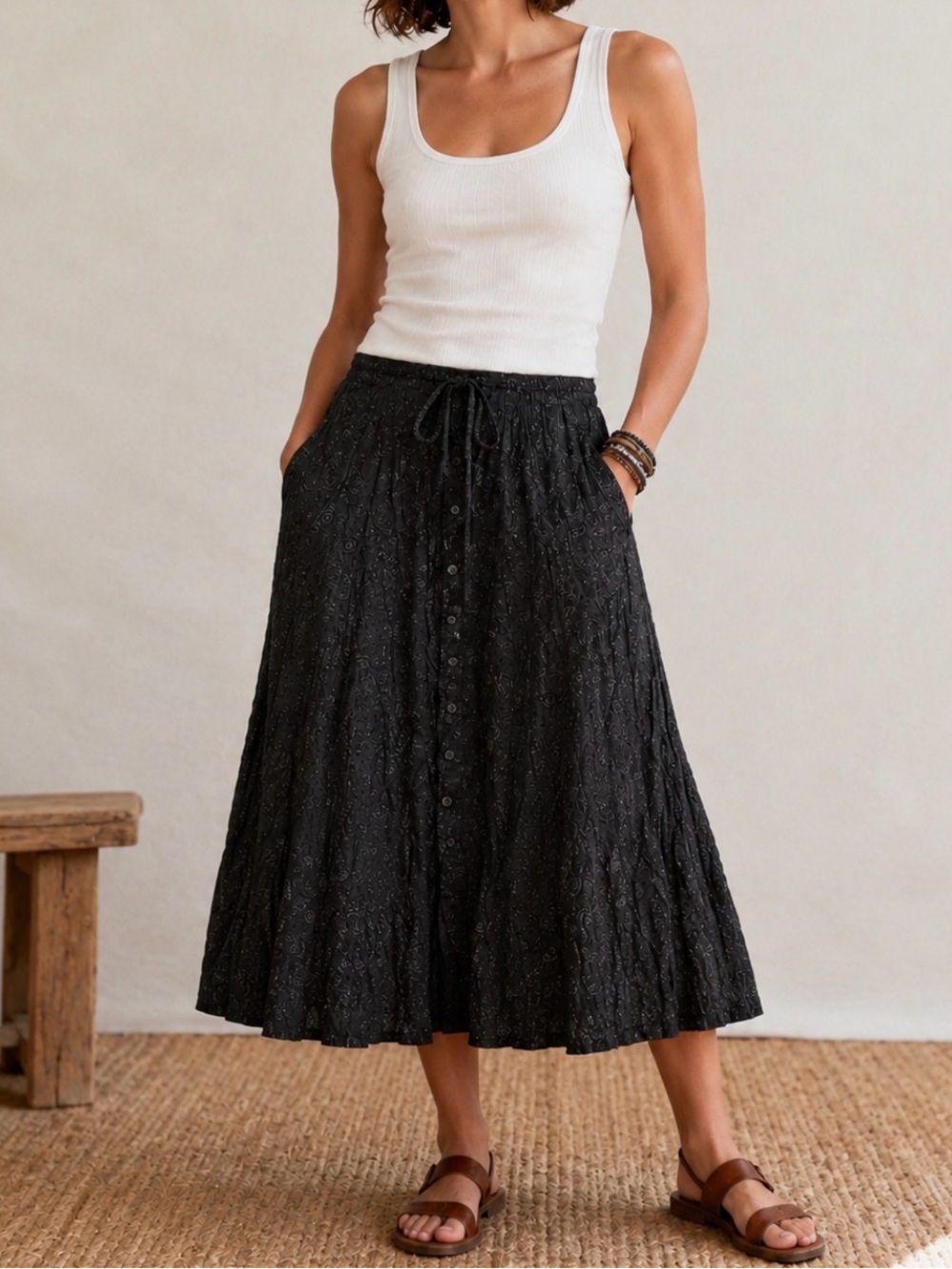 Vintage Deadstock Approach Black Drawstring Paisley Maxi Skirt Boho M NWT